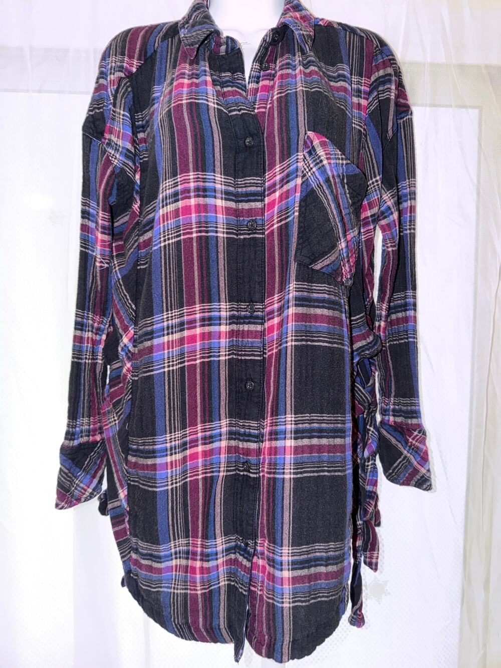 Free People Plaid Lace Up Side Tunic Shirt Top Small Boho Oversized